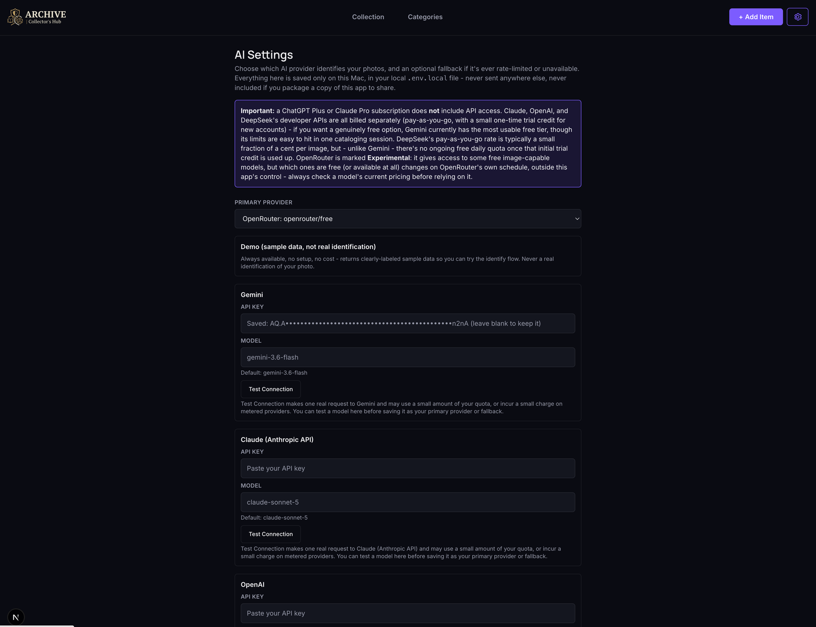 AI Settings screen showing provider choices including Gemini, Claude, OpenAI and OpenRouter